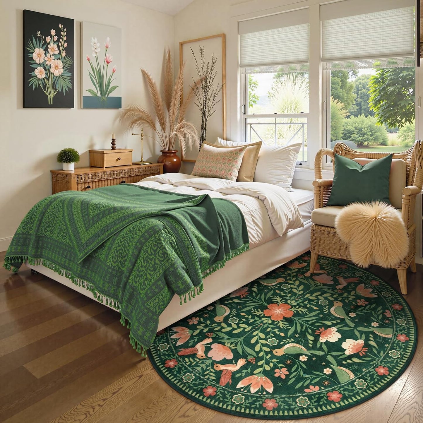 Moynesa Machine Washable Round Rug, 6ft Circle Area Rug for Living Room Non Slip, Ultra Thin, Soft, Indoor Boho Bird Dark Green 6'x6' Carpet for Bedroom Office Under Table Kid Playroom