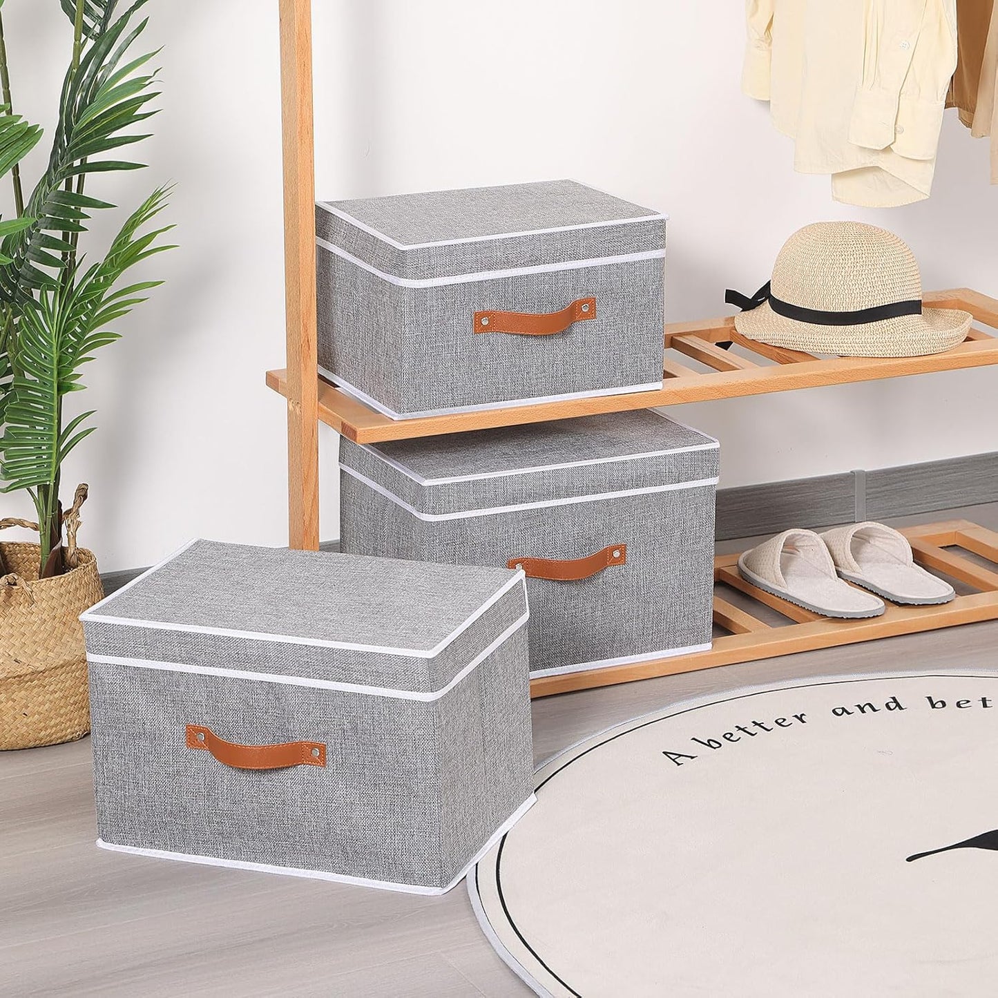 Fabric Storage Bins with Lids, Linen Foldable Clothes Boxes, Closet Organizer Containers with Double Handles, Baskets for Bedroom, Grey, 5 Pack, 13 x 9.1 x 7.9 Inch