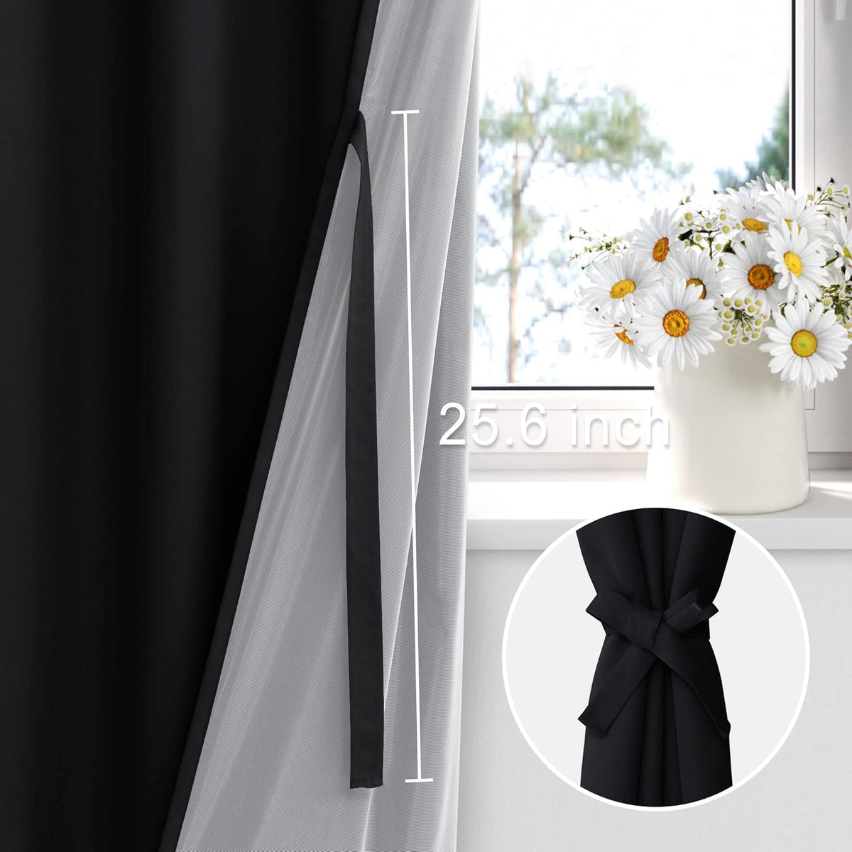 XWZO 100% Blackout Curtains 84 Inches Long with Tiebacks- Privacy Protection, Energy Efficiency Window Panels with Black Liner for Bedroom/Living Room, Rod Pocket, Black, W52 x L84, Set of 2