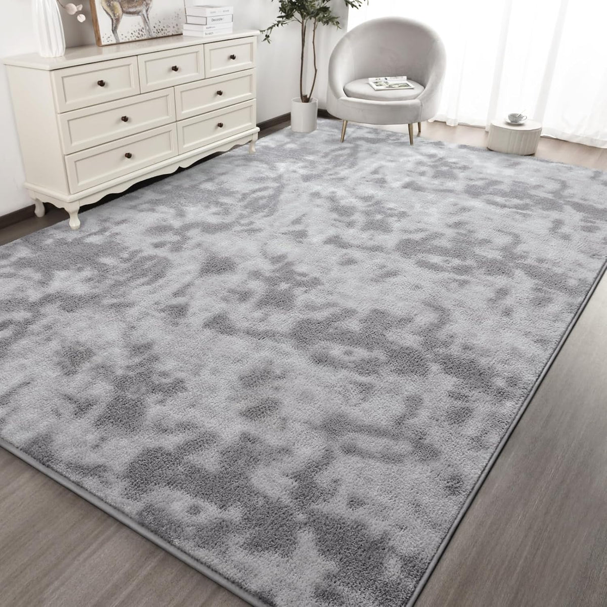 Kimicole 5x8 Washable Area Rugs for Bedroom Living Room, Low Pile Ulta-Thin Solid Color Rug, Non-Slip Soft Fluffy Carpet for Nursery Kids Room Dorm Room Home Decor (Light Grey)
