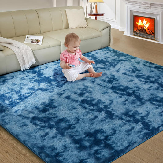 Ultra Soft Rug for Living Room, 8X10 Fluffy Shag Area Rug for Bedroom, Modern Shaggy Carpet Fuzzy Rug for Teens Dorm Nursery Home Decor Aesthetic, Upgrade Anti-Skid Durable, Tie-Dyed Blue Grey
