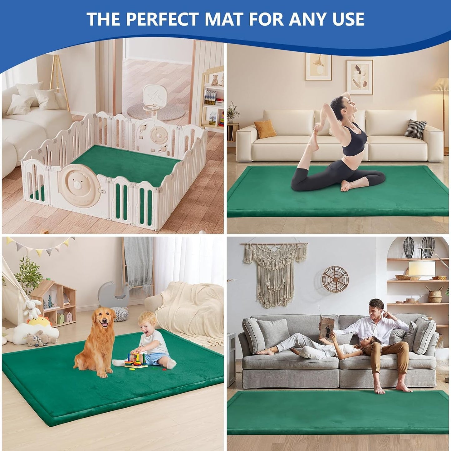 Baby Play Mat for Floor,1.3" Thick Elasti-Foam 74×50 Playpen Mat for Toddlers Infant kids,Water-Repellent Soft Coral Velvet for Tummy Time, Non-Slip Backing for Crawling,Tatami Style(Dark Green)
