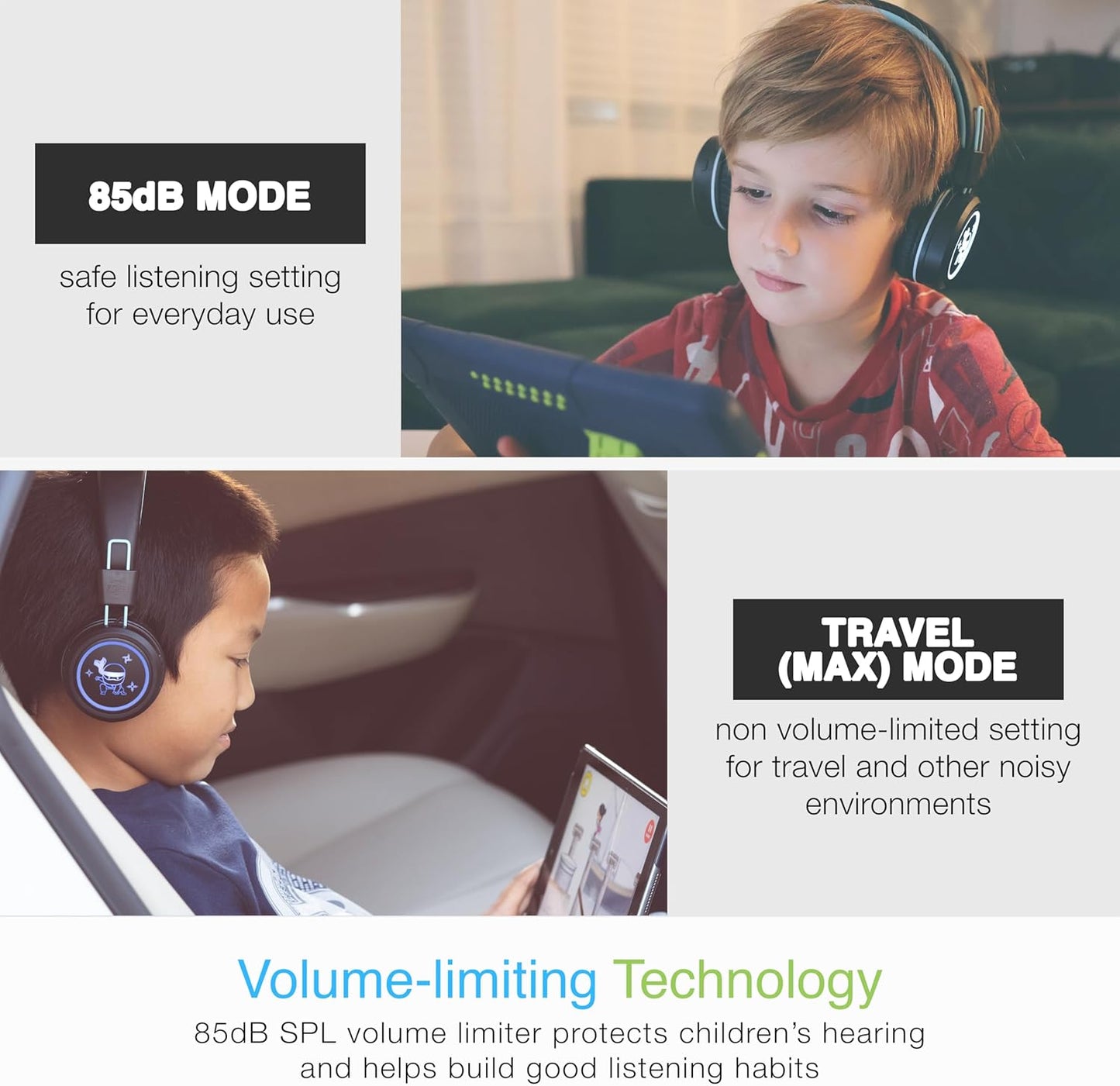 MEE audio KidJamz KJ55BT Bluetooth Wireless Safe Listening Headphones for Children with LED Lights, 85dB Volume Limiter, Microphone, & 40h Battery; Kids Headset for School/iPhone/iPad/Tablet (Black)