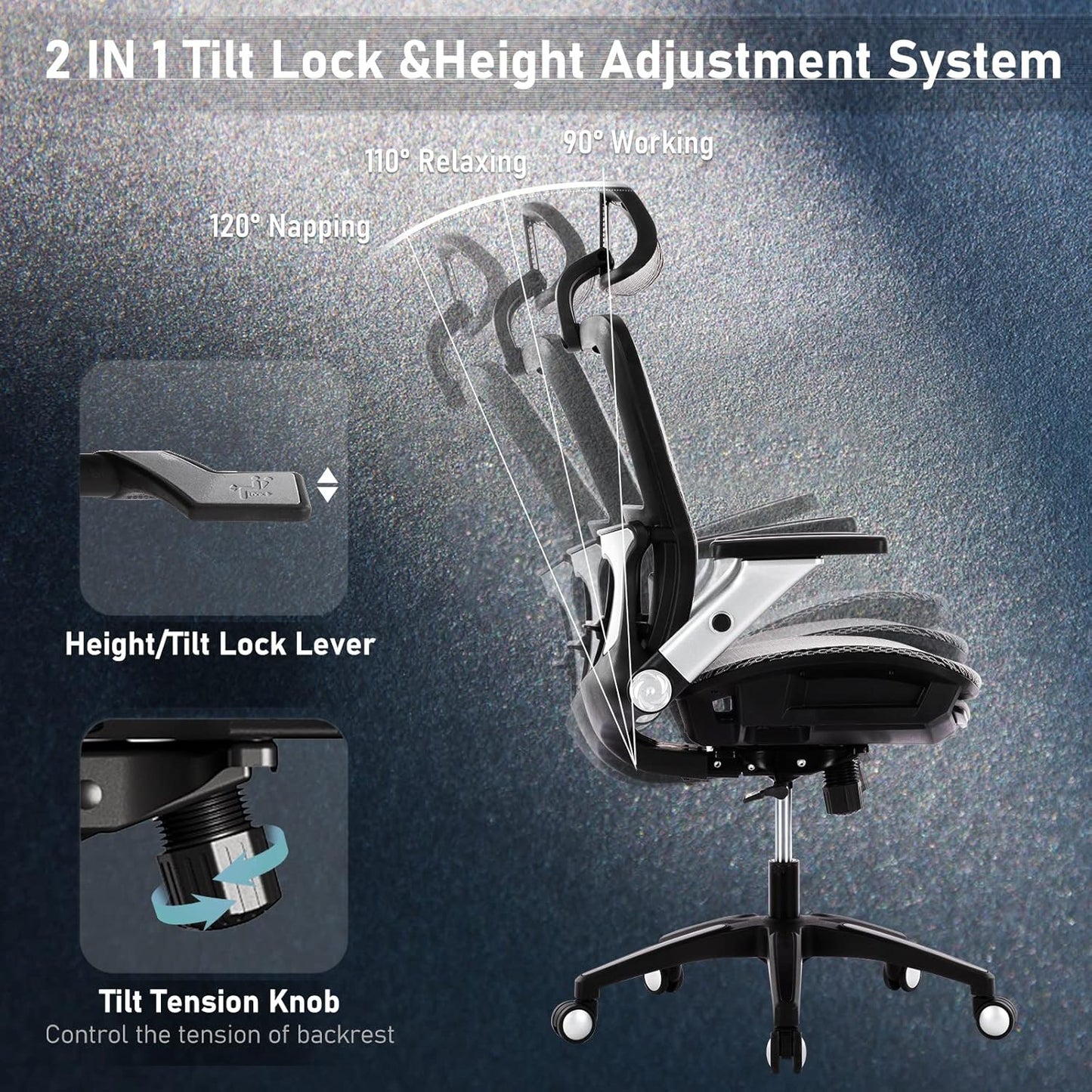 Ergonomic Mesh Office Chair with Footrest, High Back Executive Desk Chair with Adjustable Lumbar Support, Headrest and Tilt Lock, 4D Flip-up Arm-Grey
