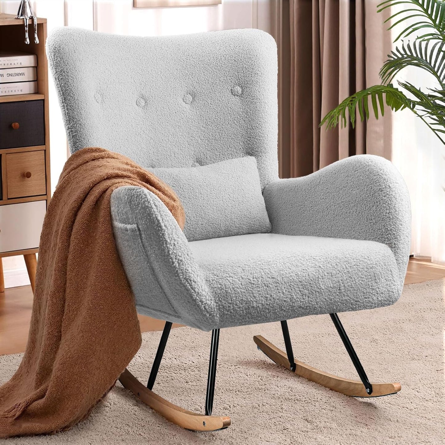 Waleaf Rocking Chair Nursery, Teddy Upholstered Rocking Chair Indoor with High Backrest Glider Accent Chair, Padded Seat Nursing Comfy Chair for Bedroom (Light Gray)