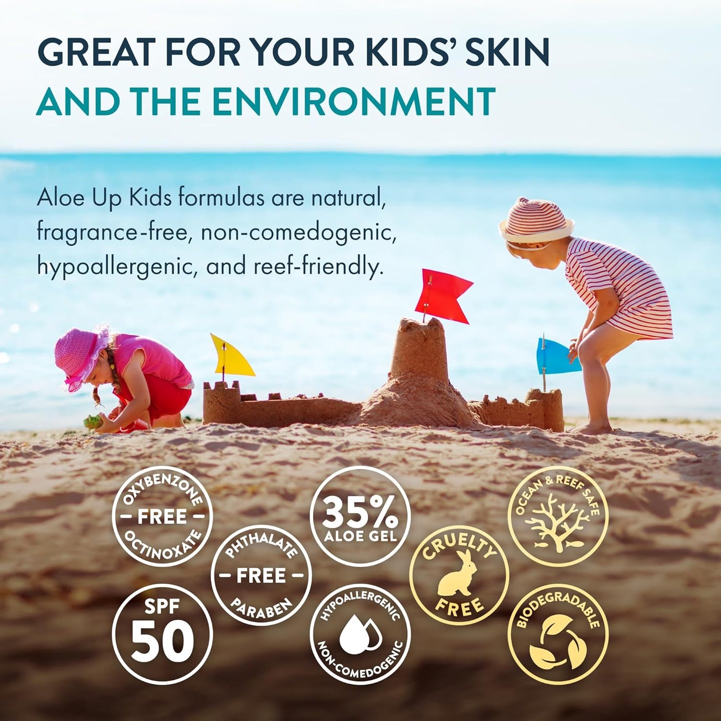 Aloe Up Kids Continuous Sport Sunscreen Spray SPF 50 - Broad Spectrum Sheer Face and Body Sunscreen Protector for Sensitive Skin - With Aloe Vera Gel - Dries Fast - Reef Safe - Fragrance-Free - 5.5 Oz