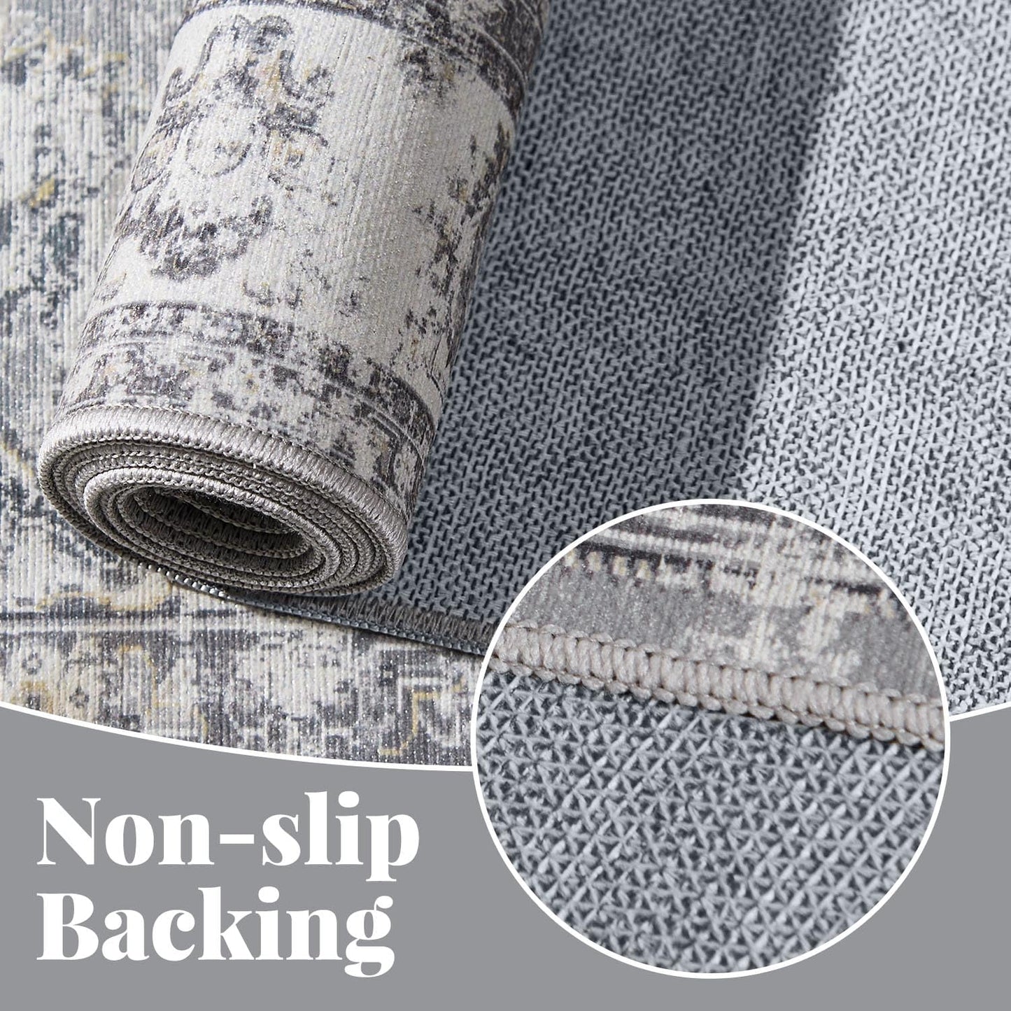 jinchan Runner Rug 2x6 Machine Washable Hallway Rug Grey Vintage Floral Print Non-Slip Low Pile Ultra-Thin for Kitchen,Entryway,Laundry Room,Bedroom,Farmhouse (2‘x6’,Grey)