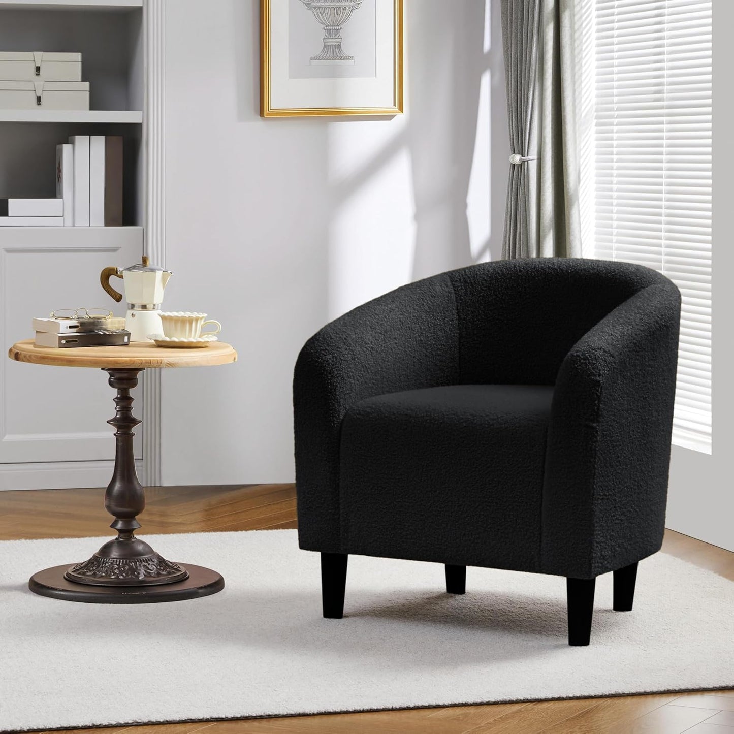 Yaheetech Accent Barrel Chair, Boucle Fabric Club Chair, Furry Sherpa Elegant Armchair with Cozy Soft Padded, Suitable for Living Room Bedroom Reception Room Office, Black