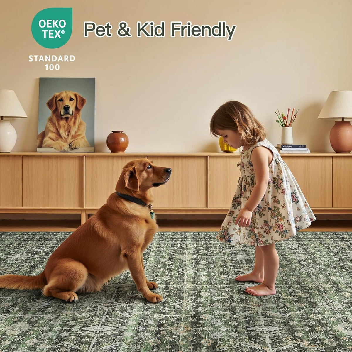 Lofus 9x12 Area Rug for Living Room,Green Washable Large Rugs with Non-Slip Backing,Soft Boho Carpets for Bedroom Dining Room Home Office Indoor Nursery