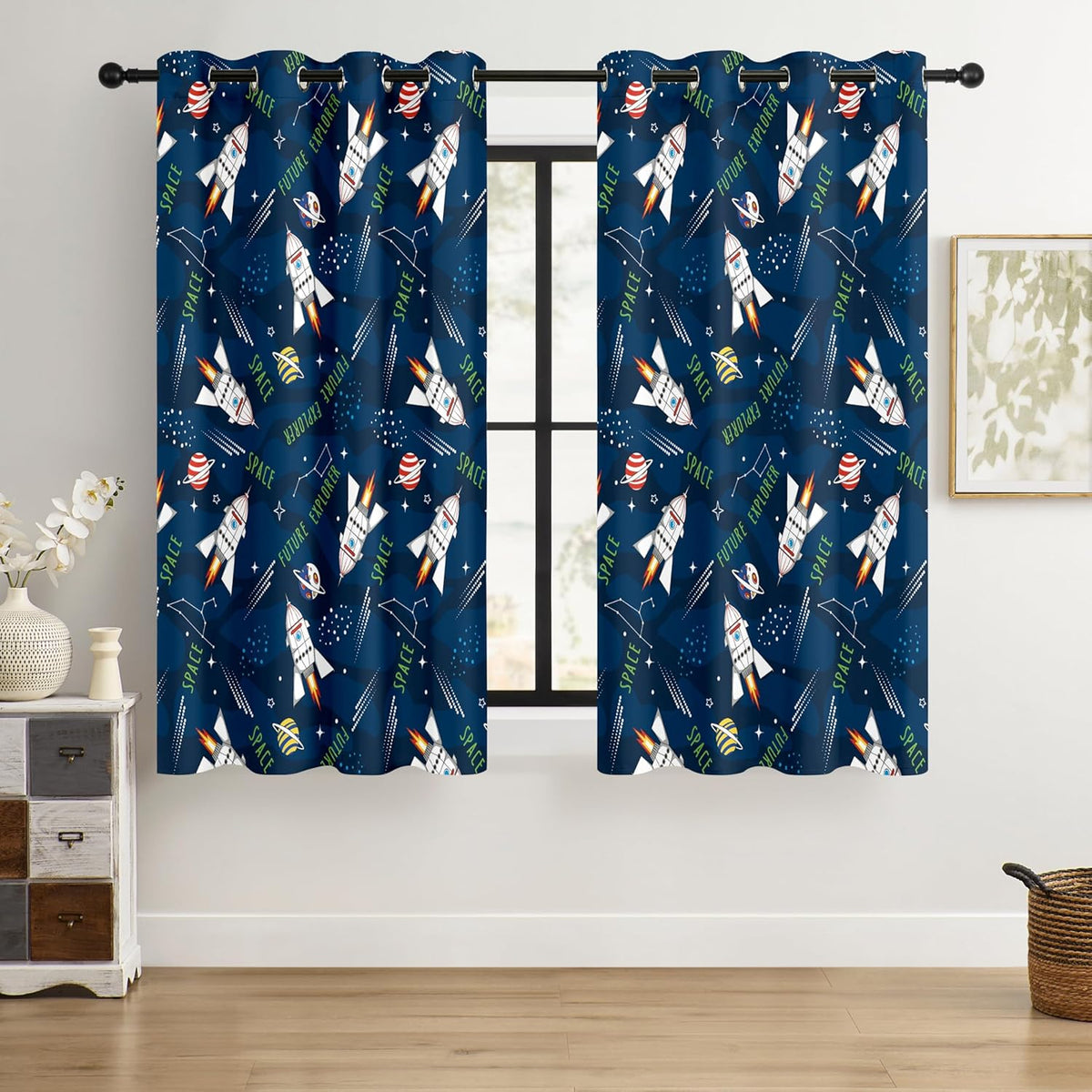 Kids Space Rocket Blackout Curtains - 100% Blackout, Thermal Insulated, Noise Reducing, Perfect for Kids Room and Nursery, 2 Panels (Future Explorer Rockets, W52×L63)