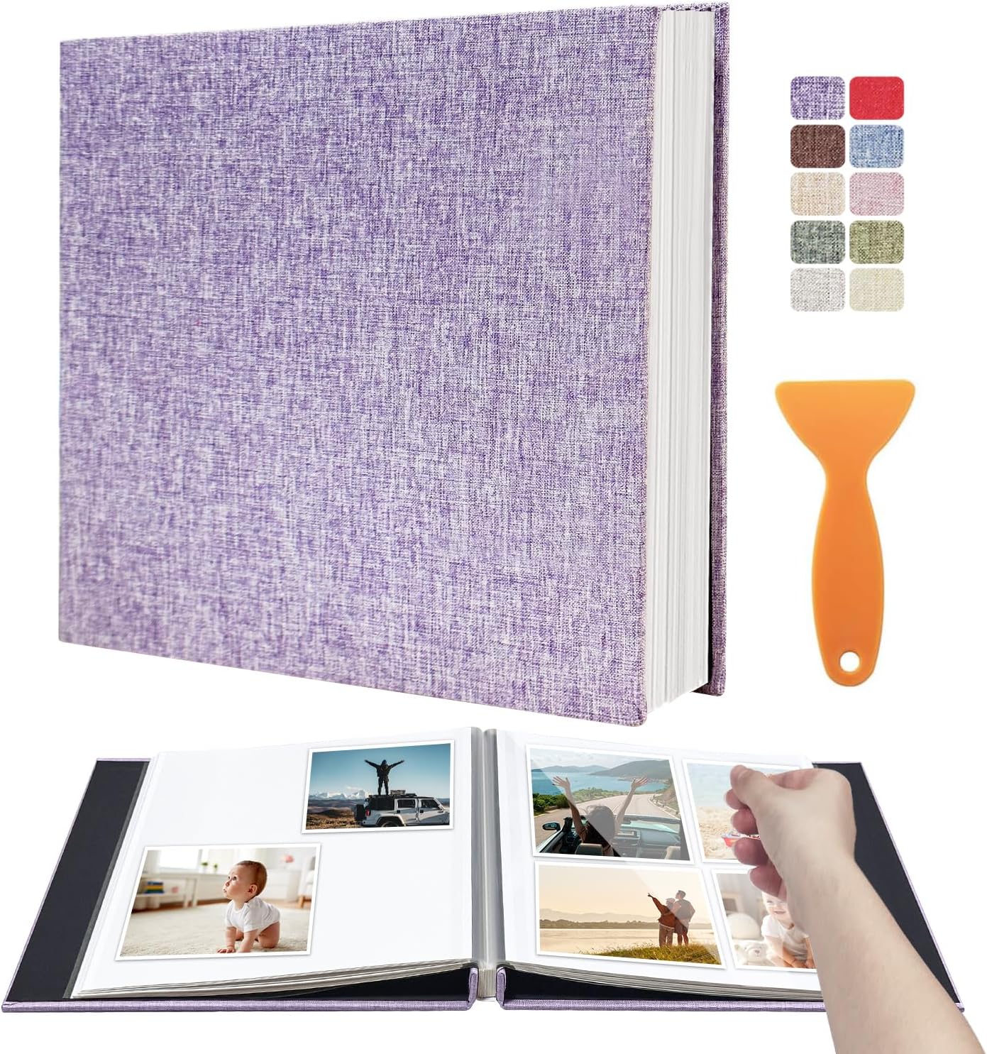 Large Photo Album Self Adhesive Scrapbook Album for 4×6 8×10 Pictures DIY Magnetic Linen Cover Album 60 Pages for Family Wedding Gifts with Metal Pen and Plastic Board