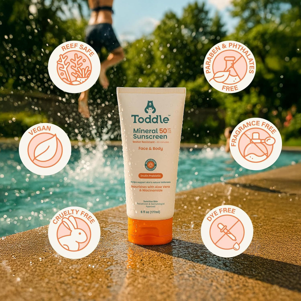 Prebiotic Mineral Sunscreen SPF 50 for Kids & Baby, Face & Body Sun Protection, Reef Safe, Non-Toxic Zinc Oxide Broad Spectrum, Water-Resistant, No White Cast, Travel Size 1.7oz & 6oz Bundle