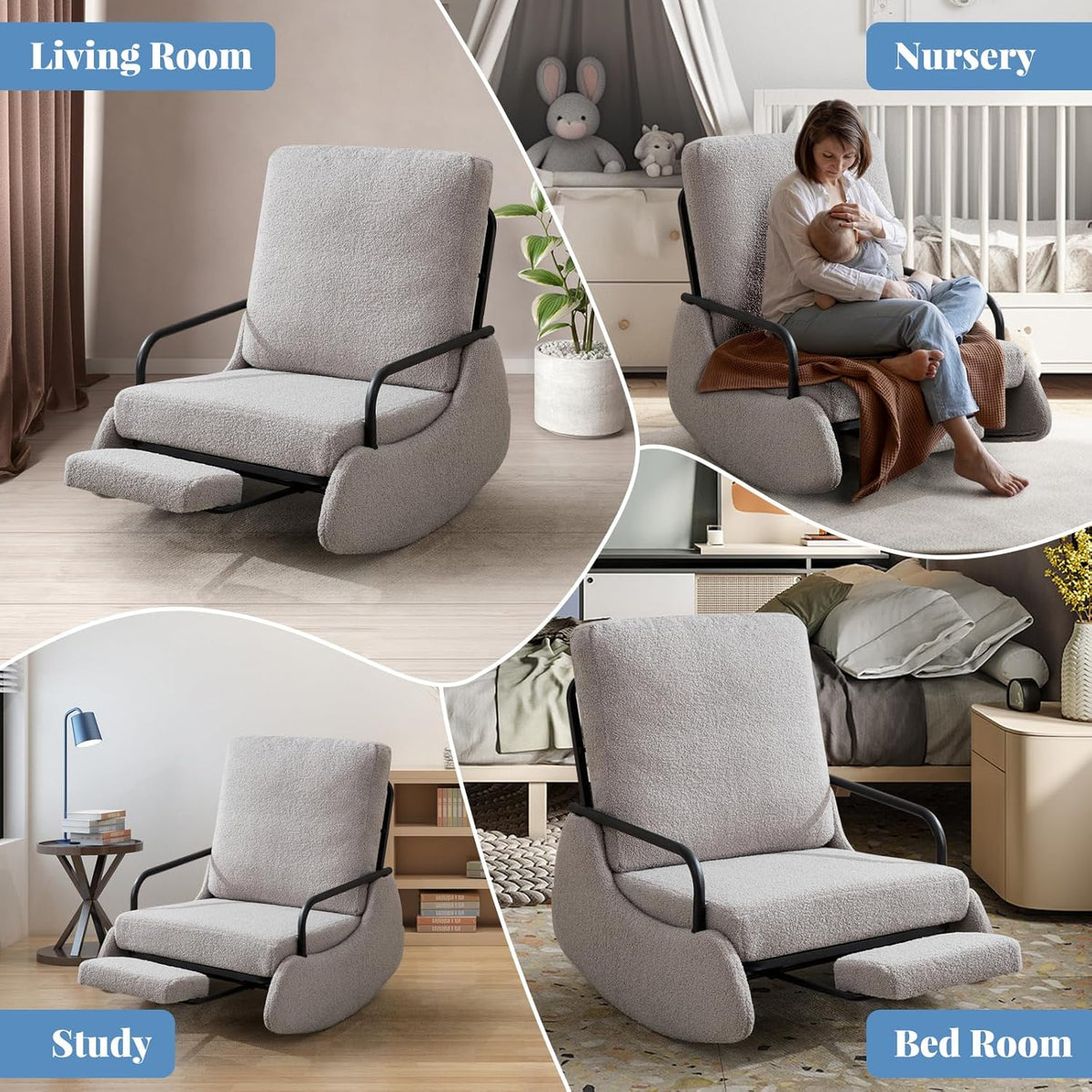Nursery Rocking Chair, Teddy Upholstered Glider Rocker Modern Accent Chair Padded Seat with High Backrest,Comfy Side Chair for Nursery,Living Room Bedroom Offices, Gray