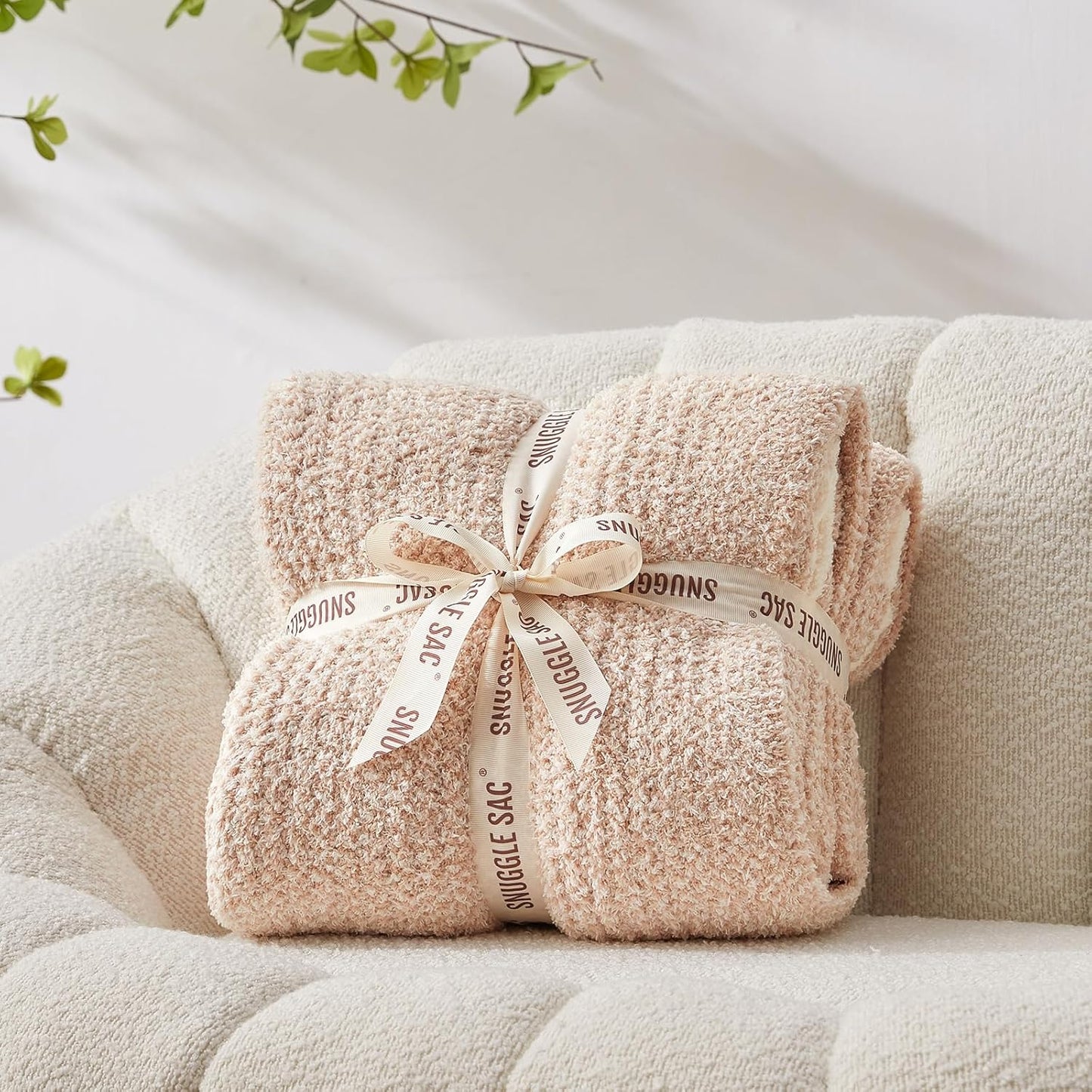 Snuggle Sac Heather Beige Throw Blanket for Couch, Ultra Soft Warm Blankets Cozy Knit Fuzzy Plush Lightweight Throw XL Size for Sofa, Bed, Heather Beige, 50x70 inches