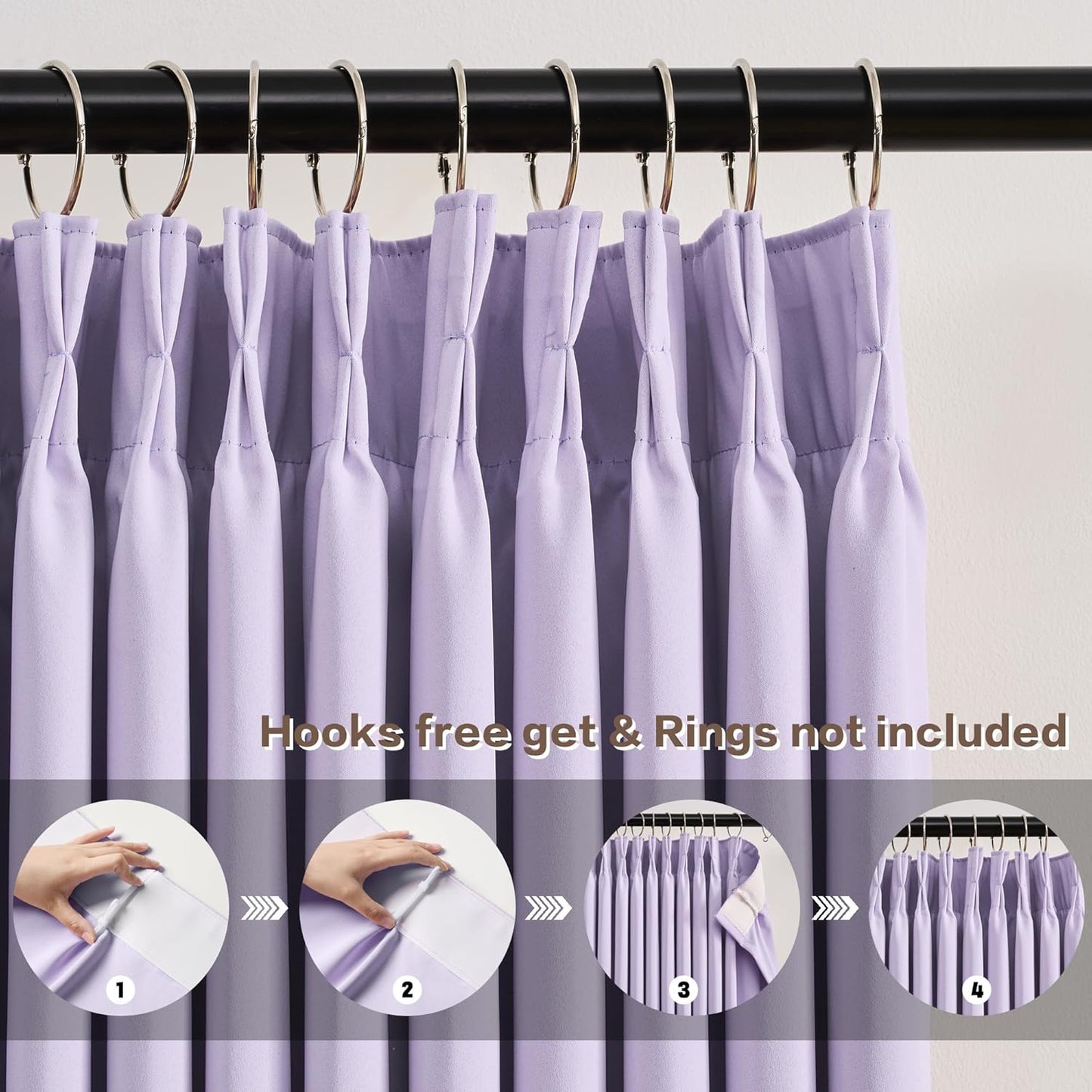 KEQIAOSUOCAI Lilac Blackout Curtain Drapes Pleated with Hooks,Thermal Insulated Solid Drapes Light Blocking Window Treatment for Bedroom Living Room(Lavender, 2 Panels, W40 x L102)