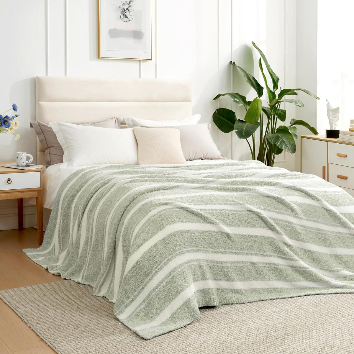 Snuggle Sac Stripe Sage Green Blanket Twin Size, Reversible Super Soft Warm Bed Blankets, Cozy Knit Fuzzy Blanket for Bed,Sofa, Living Room, Stripe Green, 60"x80"