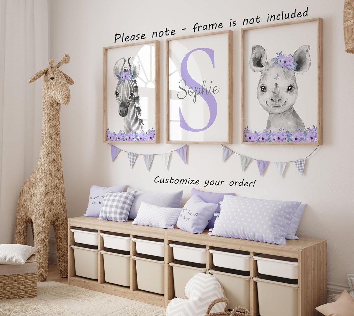 Safari Animals Girls Nursery Bedroom Unframed Set of 3 Poster Prints, Personalized Name Pink or Purple Flowers Wall Art Decor New Baby Gift Present, Elephant Giraffe Panda Zebra Lion (8x10)