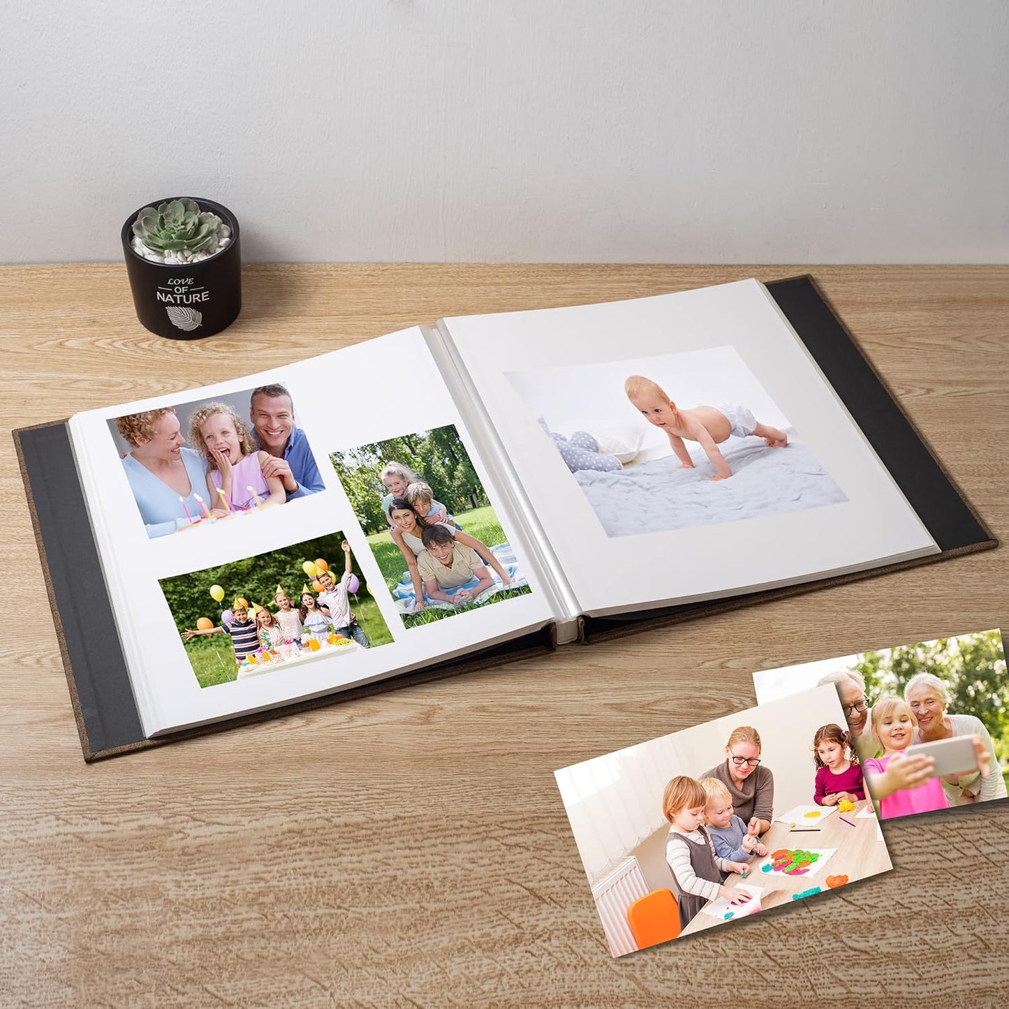 Large Photo Album Self Adhesive Scrapbook Album for 4×6 5×7 8×10 Pictures DIY Magnetic Linen Cover Album 60 Pages for Family Wedding Gifts with Metal Pen and Plastic Board