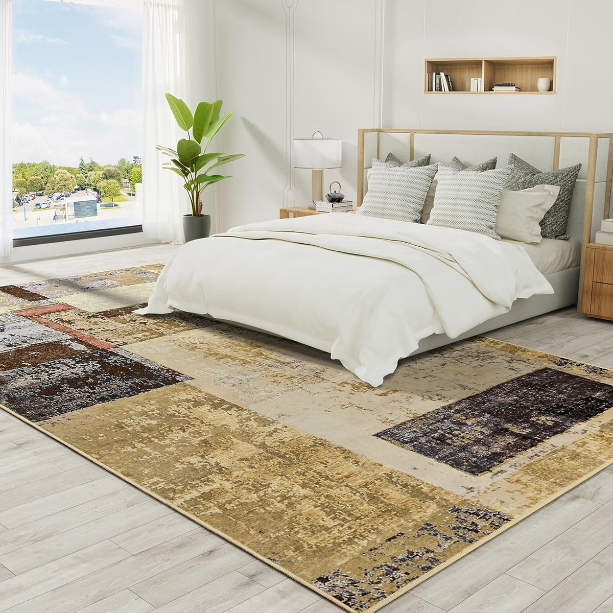LOCHAS Rug for Living Room, Washable Soft Area Rugs for Bedroom 8x10, Abstract Carpet for Indoor Office Kids Dining Room Nursery Floor, Khaki Geometric Vintage Home Decor, Non Slip, Pet Child Friendly