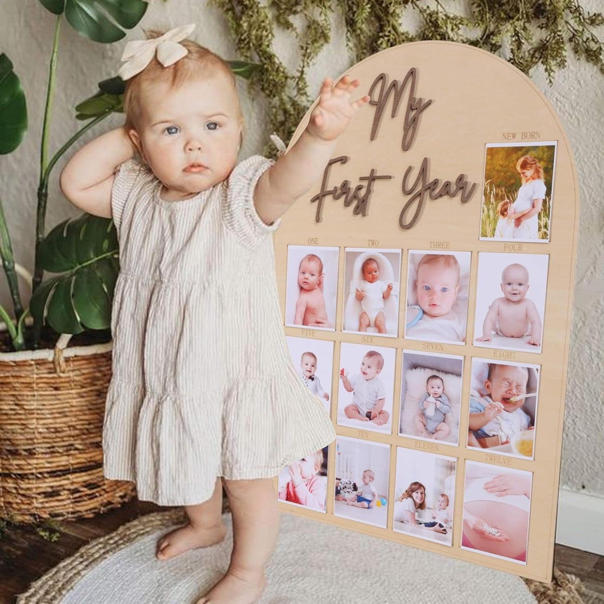 One Year Wood Photo Board - My First Year Month Milestone Board, Girl/Boy 1st Birthday Decorations, 12 Months Banner