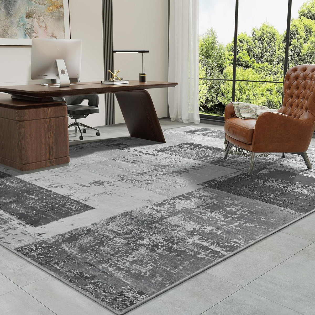 LOCHAS Rug for Living Room, Washable Soft Area Rugs for Bedroom 5x8, Abstract Carpet for Indoor Office Kids Dining Room Nursery Floor, Grey Geometric Vintage Home Decor, Non Slip, Pet Child Friendly