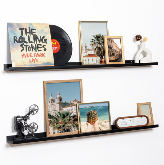 Fun Memories Picture Ledge Shelf, 48 Inch Floating Shelves Set of 2, Large Nursery Book Shelves for Toys Storage, Kids Bookshelf Wall Mounted for Wall Decor Books Photo Frames, Black