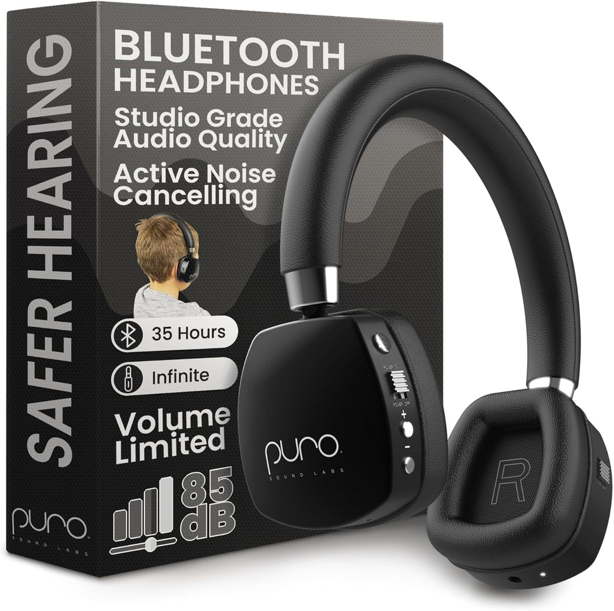 Puro Sound Labs PuroQuiet Plus Kids Noise Cancelling Headphones, Bluetooth Kids On Ear Headphones with Mic, Lightweight On-Ear Design, Studio-Grade Sound (Black)