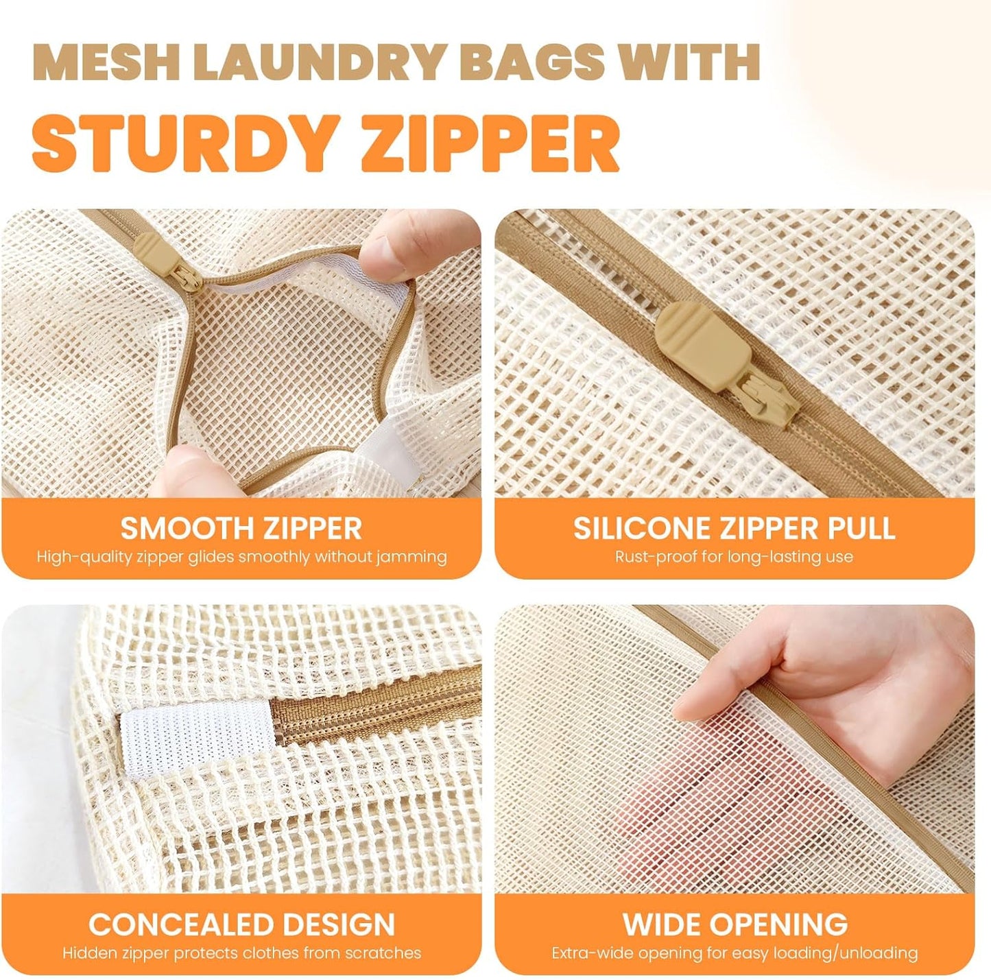 4Pcs Cotton Mesh Laundry Bags for Delicates,Breathable Mesh Garment Bag for Washing Machine,Travel Wash Bags with Zipper for Bras,Underwear,Socks,Baby Clothes,Laundry Dorm Room Essentials(M)