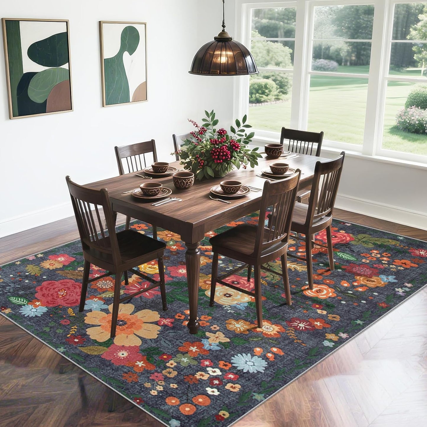 8x10 Area Rug for Living Room: Vintage Floral Washable Rug Soft Boho Non Slip Carpet Large Indoor Floor Non Shedding Low Pile Thin Carpets for Bedroom Dining Room Farmhouse Nursery Home Office Black