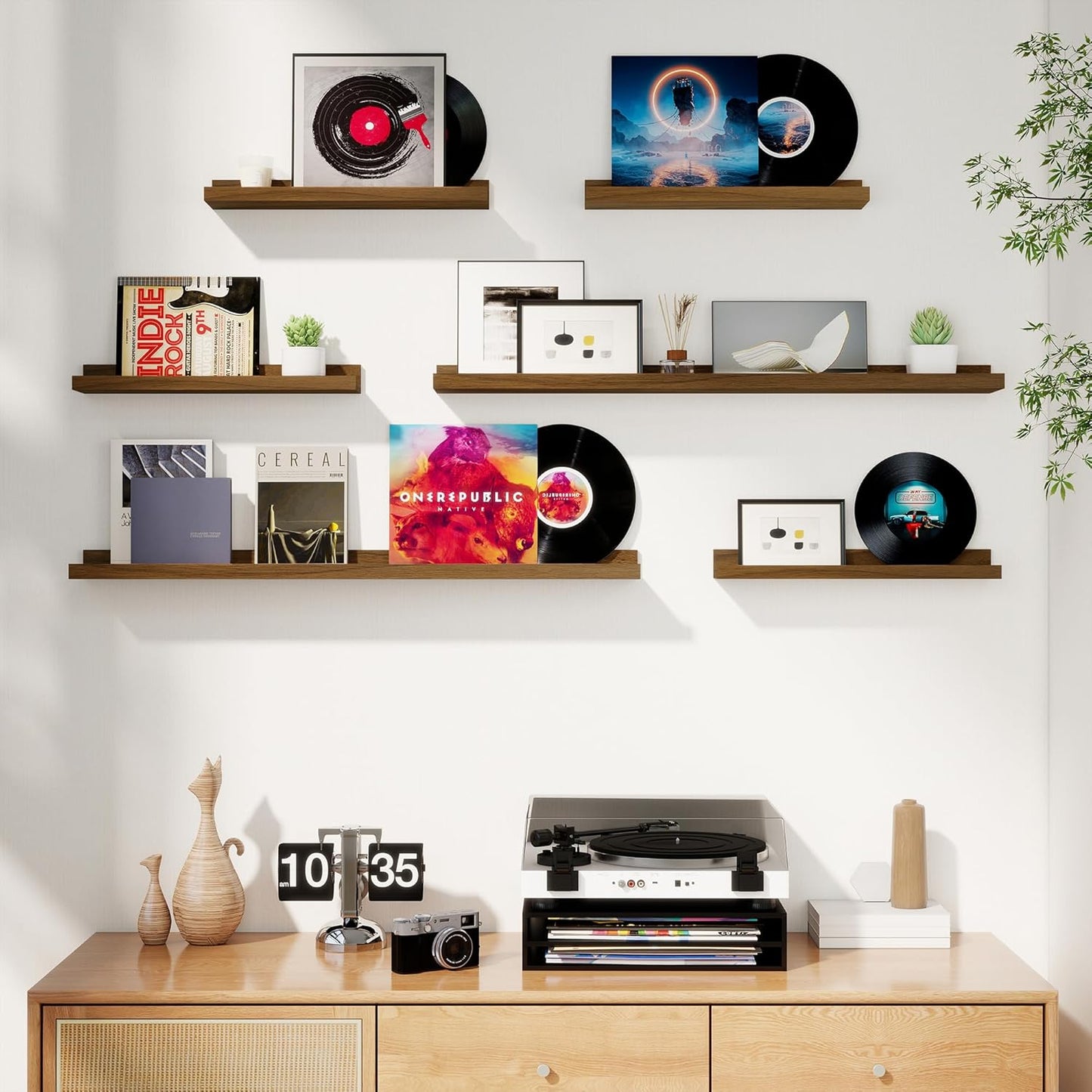 Axeman Picture Ledge Shelf, Floating Shelves for Wall Decor Storage Set of 6, 55 inch Floating Wall Mounted Shelves, Wall Shelves with Lip for Living Room, Bedroom, Nursery, Bathroom, Kitchen, Walnut