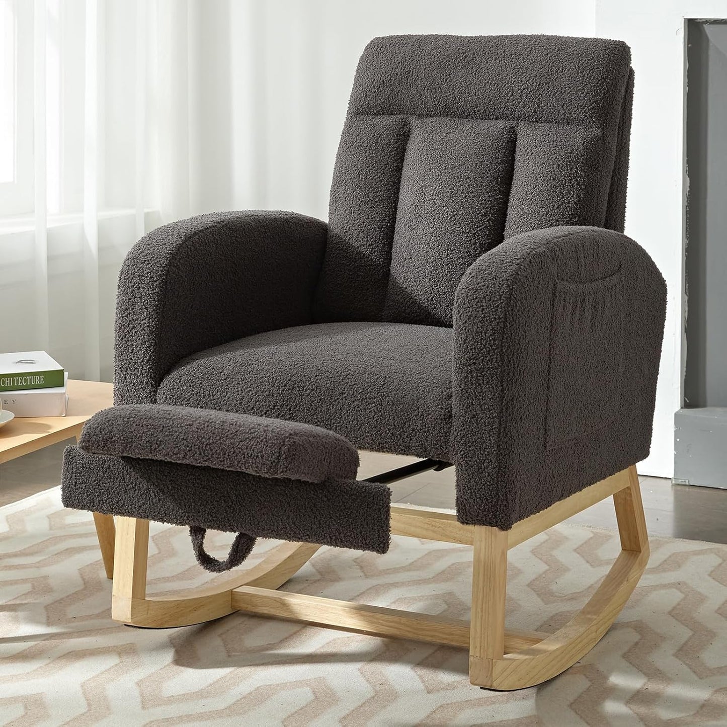 NIOIIKIT Modern Nursery Rocking Chair, Teddy Upholstered Rocking Chair with Footrest, Comfortable Rocker Recliner with Side Pocket, Glider Rocker for Living Room, Bedroom, Nursing Room (Dark Grey)