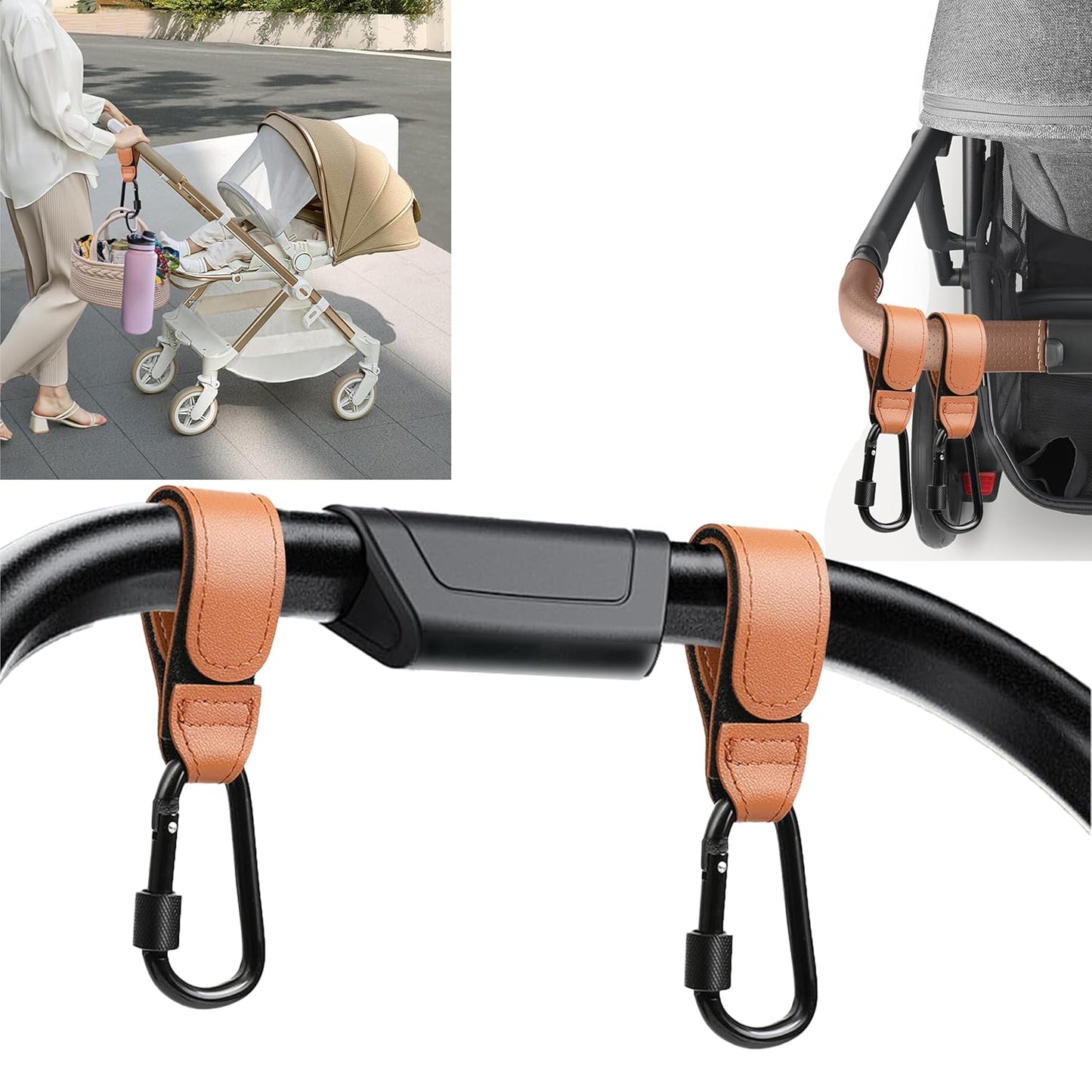 3 Pcs Baby Stroller Hook, Carry 20 lbs per Stroller Carabiner Clip, Adjustable Baby Stroller & Car Seat Hook for Hanging Diaper Bag, Wheelchair, Shopping and Pet Cart(Leather)
