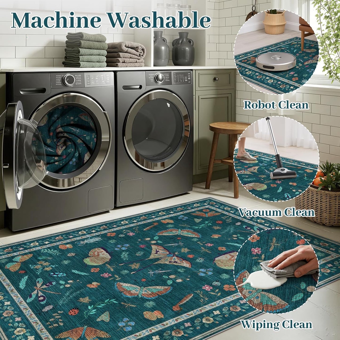 8x10 Area Rugs with Insect Print - Bug Rug Non-Shedding Stain Resistant Soft Carpet for Bedroom, Low Pile Ultra-Thin Machine Washable Carpet for Dining Room, Kids Nursery, Office (8'x10' Teal)