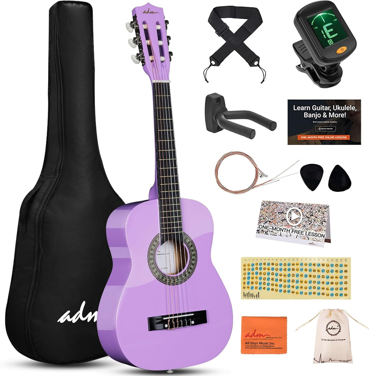 ADM Beginner Acoustic Classical Guitar 30 Inch Nylon Strings Wooden Guitar Bundle Kit for Kid Boy Girl Student Youth Guitarra Online Lessons with Gig Bag, Strap, Tuner, Strings, Picks, Purple