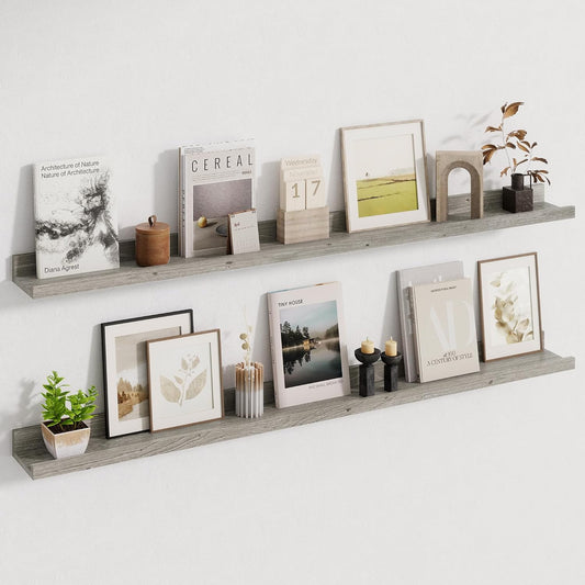 Picture Ledge Shelf, 48 Inch Long Floating Shelves for Wall, Nursery Bookshelf for Storage with Lip, Rustic Elm Wood Photo Ledge Shelves for Bedroom, Living Room, Kitchen (Grey, 48in Set of 2)