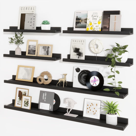 Axeman Picture Ledge Shelf, Floating Shelves for Wall Decor Storage Set of 6, 48 inch Floating Wall Mounted Shelves, Wall Shelves with Lip for Living Room, Bedroom, Nursery, Bathroom, Kitchen, Black
