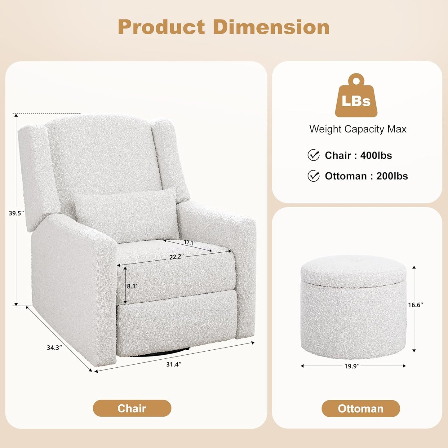 Power Recliner Chair Swivel Gilder Rocking Chairs Skin-Friendly Power Recliner Nursery Chair for Adults with Waist Pillow, USB Charging, Ottoman (Beige, Recliner Chair with Ottoman)