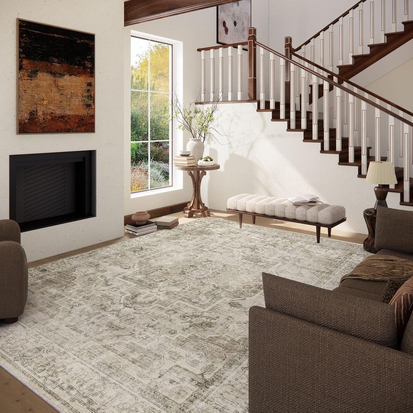 Washable Area Rugs for Living Room: 5x7 Bedroom Area Rugs Boho Vintage Rugs Stain Resistant Non Slip Low Pile Soft Lightweight Carpet for Kitchen Dining Room Farmhouse Nursery Kids Room Home Office