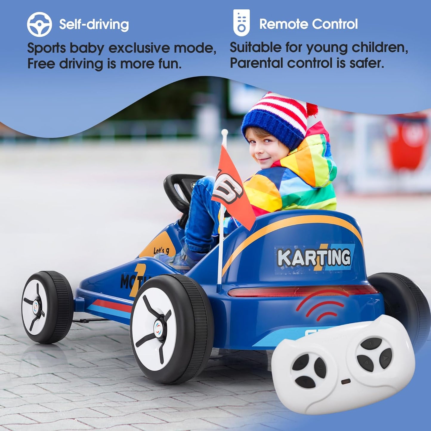 TOBBI 12V Electric Go Kart for Kids Battery Powered Ride on Car Outdoor Race Toy with Remote Control, Safety Belt, Music, LED Lights and Flags for Toddlers 3-8 Years, Blue