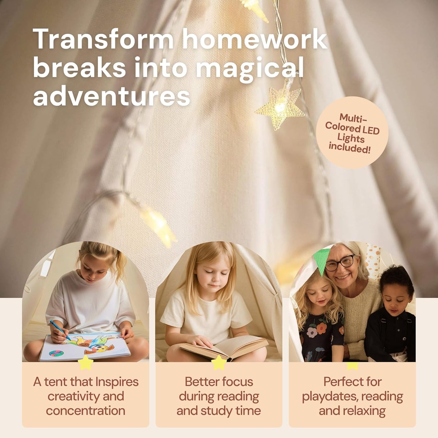 PlayVibe Kids Teepee Canopy - Baby & Toddler Play Shelter with LED Star Lights, Cozy Reading Nook, Party Canvas for Indoor Outdoor Fun - Tent for Kids - Play Tent