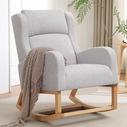 Rocking Chair Nursery, Nursing Rocking Chairs for Mom Nursery, Comfy Wingback Glider Rocking Armchair with Foot Rest and Side Pocket for Nursery Living Room Bedroom, Light Grey