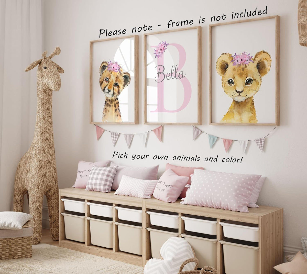Personalized Safari Animals for Baby Girls Nursery, Set of 3 Unframed Poster Prints, Personalized Name Pink Lilac Floral, Girls Bedroom Decor, Elephant Giraffe (17x22)