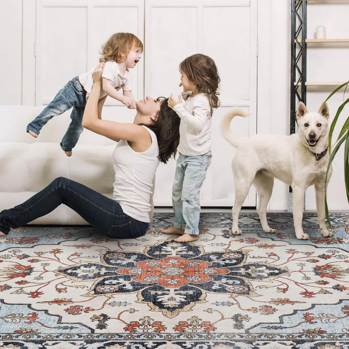 Washable Area Rugs 8x10, Large Rugs for Living Room, Carpet for Bedroom, Soft Faux Wool Retro Dining Room Rug, Non-Slip Backing Resistant Low Pile Vintage Print Rug for Home Office (Blue/Gray)