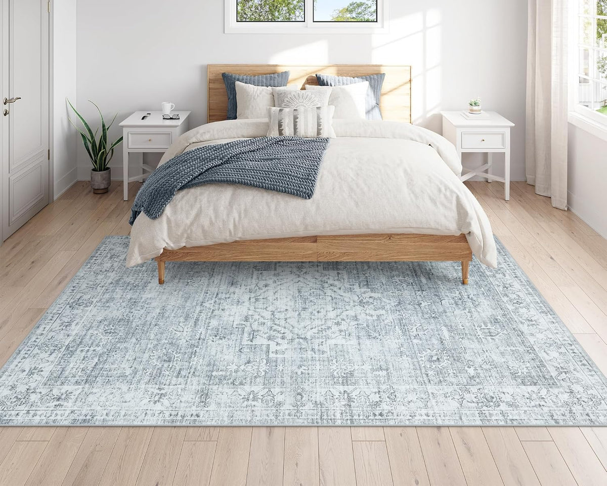 LIVEBOX Washable Area Rug 5x7 Rugs for Living Room Bedroom, Non-Slip Boho Neutral Carpet for Dining Room Office, Low-Pile Farmhouse Soft Carpets for Kids Nursery Room Playroom, Grey