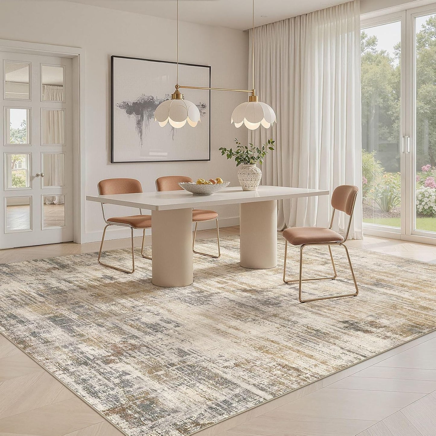 Area Rug for Living Room: 10x12 Washable Neutral Abstract Modern Soft Rugs Non Slip Indoor Floor Stain Resistant Large Carpet for Bedroom Dining Room Office Nursery - Golden Brown