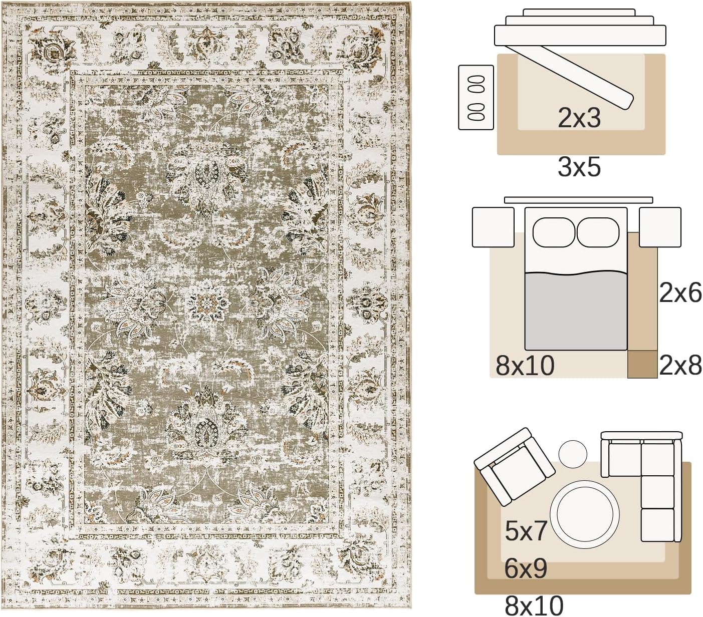 jinchan 4x6 Area Rugs for Bedroom - Machine Washable Distressed Vintage Floral Design Stain Resistant Boho Carpet Ultra-Thin Low Pile Non-Slip Rug for Living Room Dining Room Kitchen (4‘x6',Taupe)