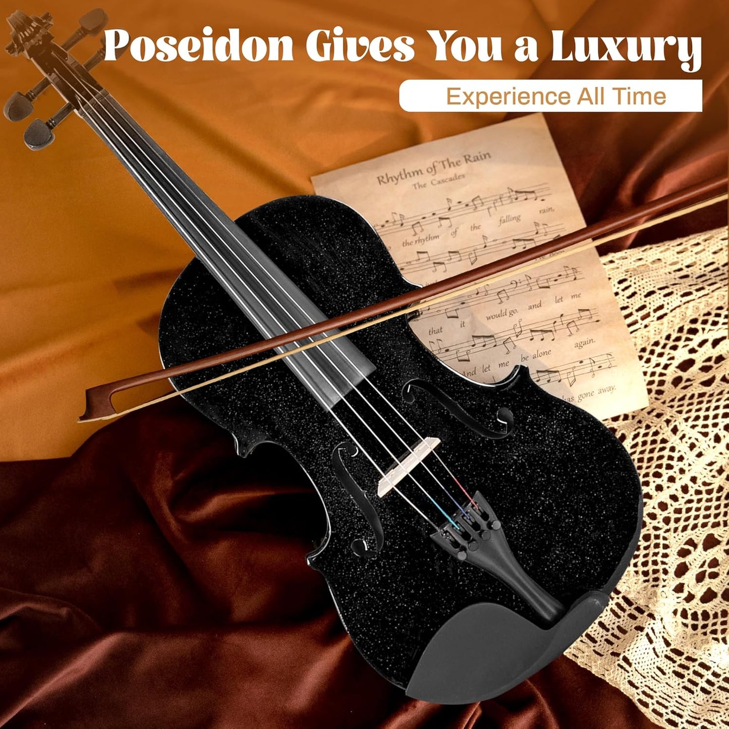 Poseidon 1/2 Violin for Kids Beginner Half Fiddle Kit, Violin Student Stringed Musical Instrument w/Case, Two Violin Strings Set, Two Bows, Two Bridges, Two Rosins, Tuner, Manual - Glossy Black