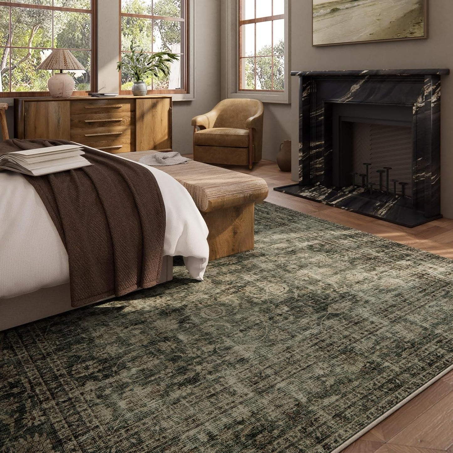 Washable Living Room Area Rug: 9x12 Rugs for Bedroom Vintage Stain Resistant Non Slip Low Pile Large Boho Carpet for Kitchen Dining Room Farmhouse Kids Room Nursery