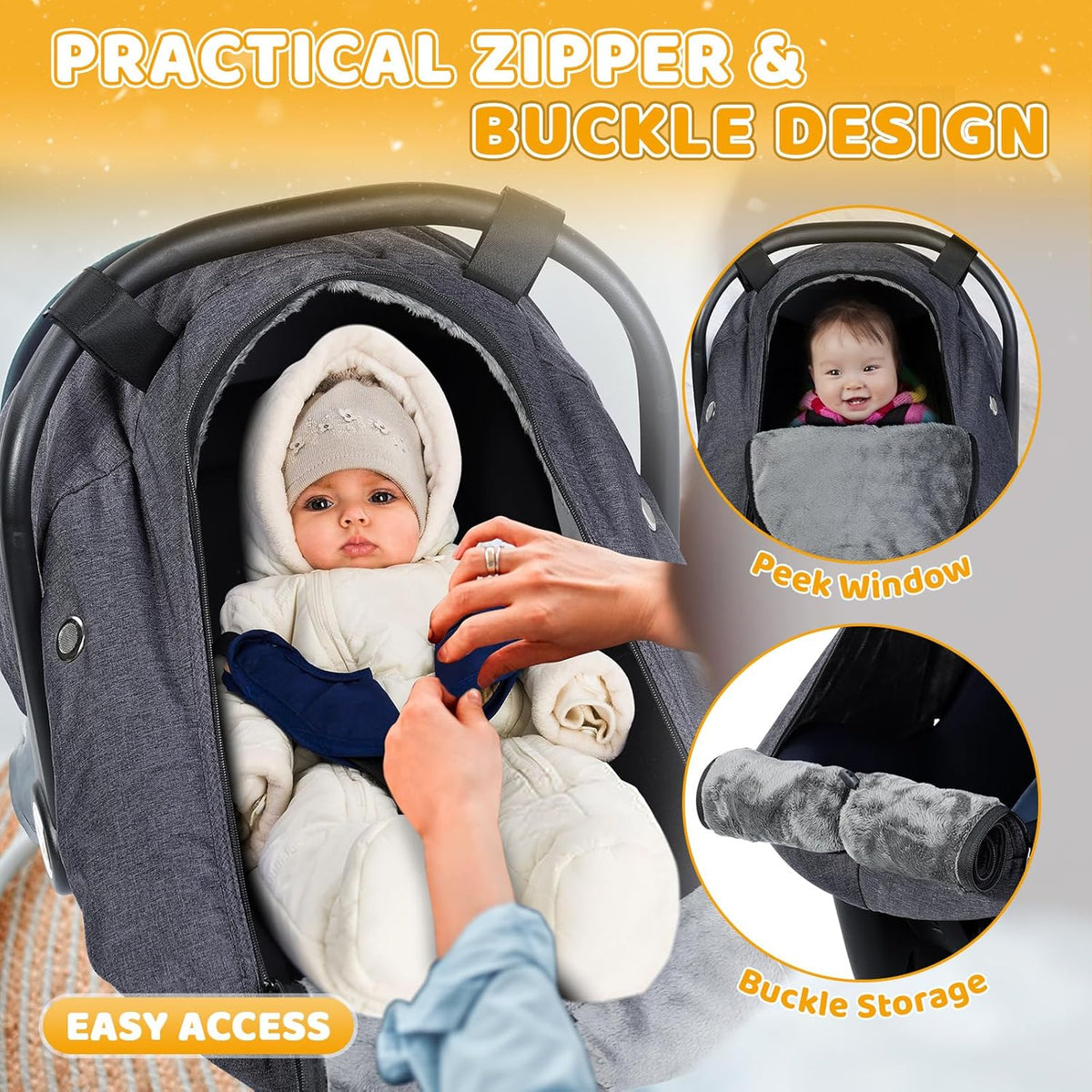Orzbow Baby Car Seat Cover, Winter Carseat Cover with Zipper Access, Weather & Wind Proof, Side Breathable, Compatible with Doona Car Seats and Strollers, Newborn Essentials Carrier Canopy, Dark Grey