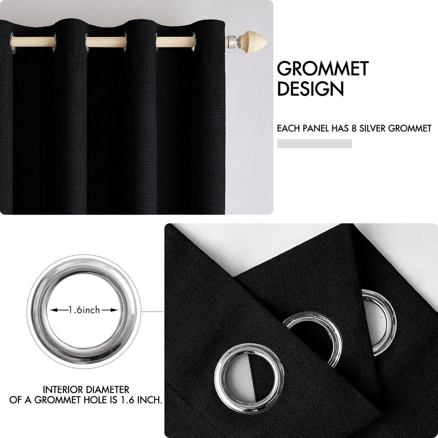 MIULEE Linen Texture 90 Inches Curtains for Bedroom 100% Blackout Thermal Insulated Halloween Black Curtains Grommet Room Darkening Drapes for Living Room Nursery 52x90 Inch (2 Panels)